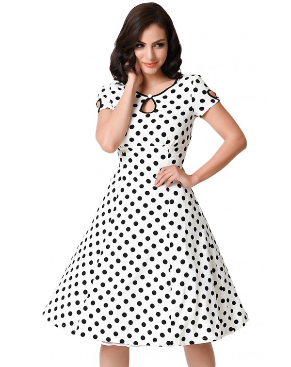 White & Black Dotted Cap Sleeve Swing Dress