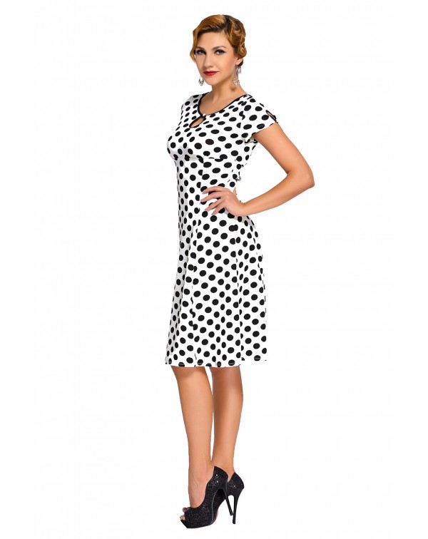 White & Black Dotted Cap Sleeve Swing Dress