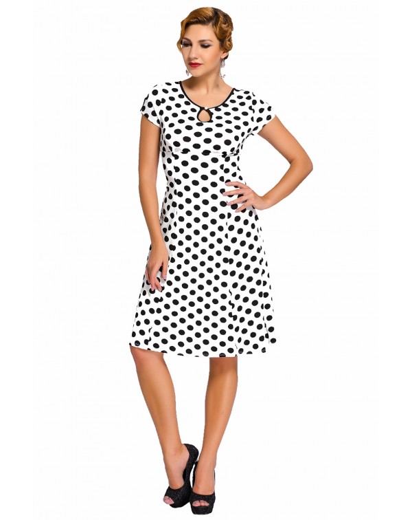 White & Black Dotted Cap Sleeve Swing Dress