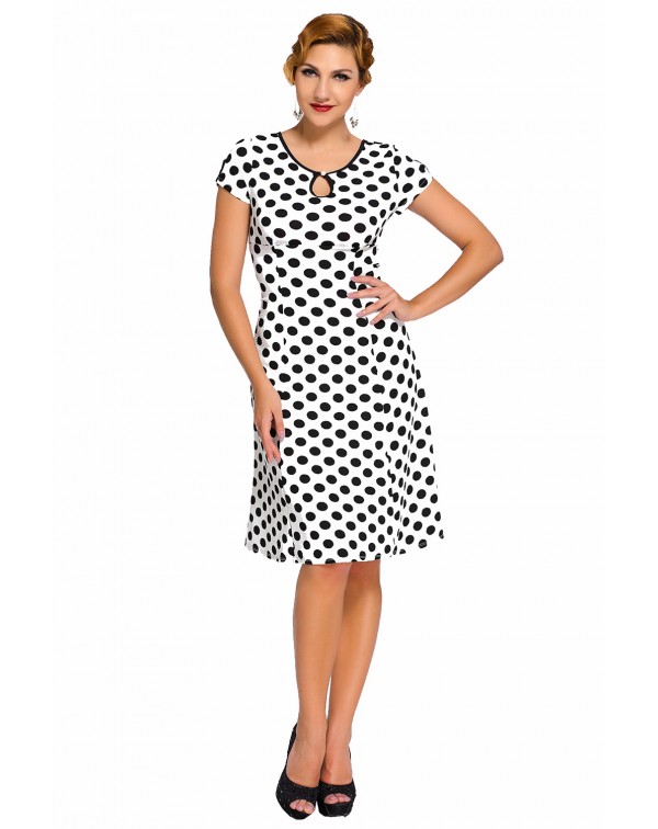 White & Black Dotted Cap Sleeve Swing Dress