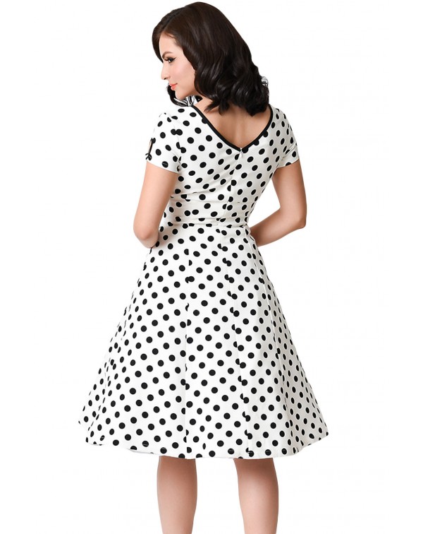 White & Black Dotted Cap Sleeve Swing Dress