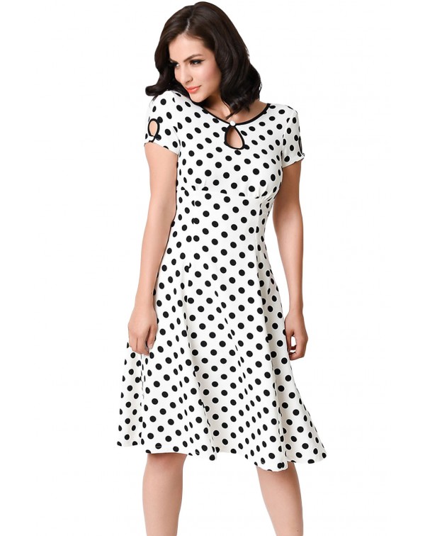 White & Black Dotted Cap Sleeve Swing Dress