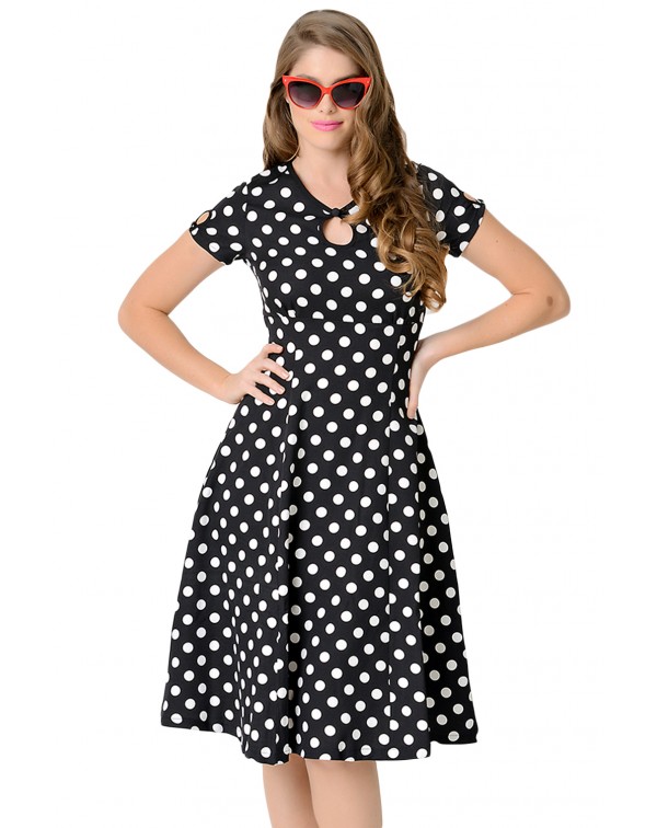 Black & White Dotted Cap Sleeve Swing Dress