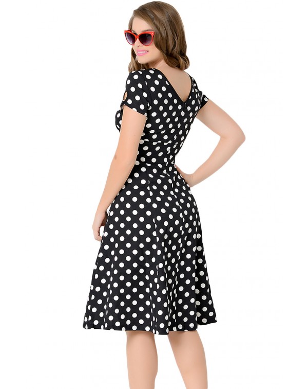 Black & White Dotted Cap Sleeve Swing Dress