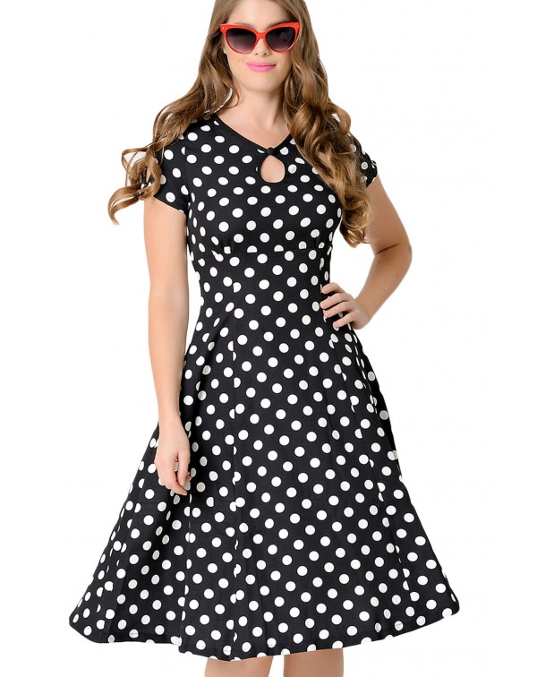 Black & White Dotted Cap Sleeve Swing Dress