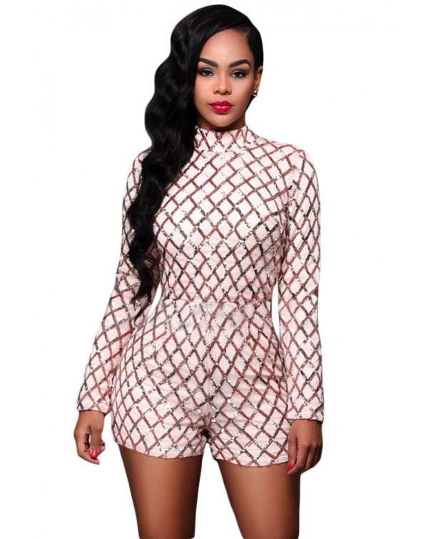 Pink Diamond Sequins Long Sleeves Romper