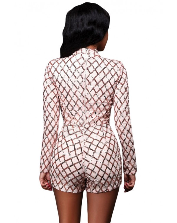 Pink Diamond Sequins Long Sleeves Romper