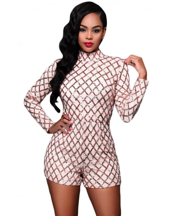 Pink Diamond Sequins Long Sleeves Romper