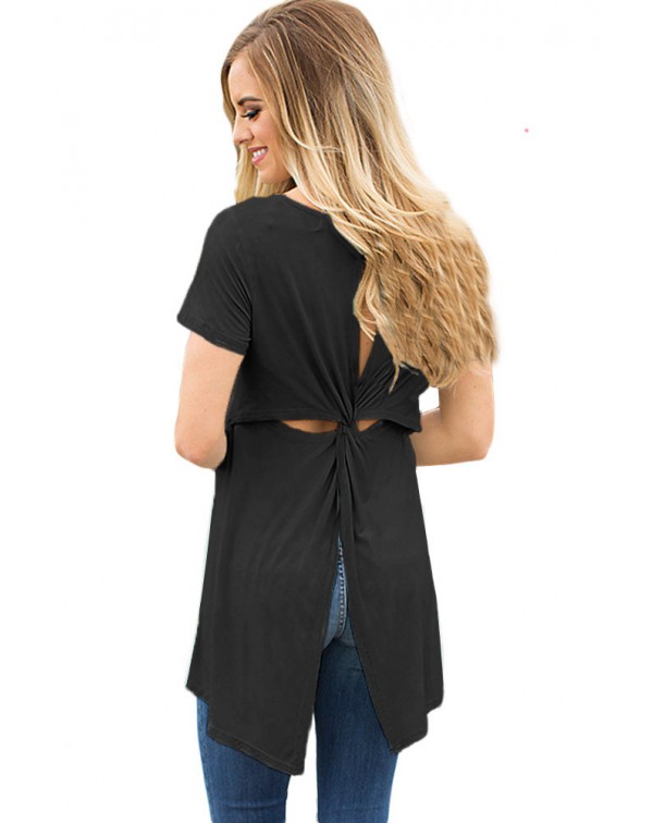 Black Twist Cutout Back Casual Womens T-shirt