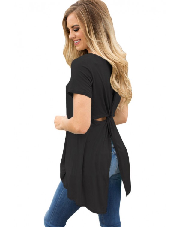 Black Twist Cutout Back Casual Womens T-shirt