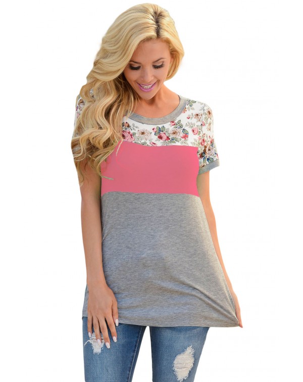 Floral Print Pink Gray Colorblock T-shirt