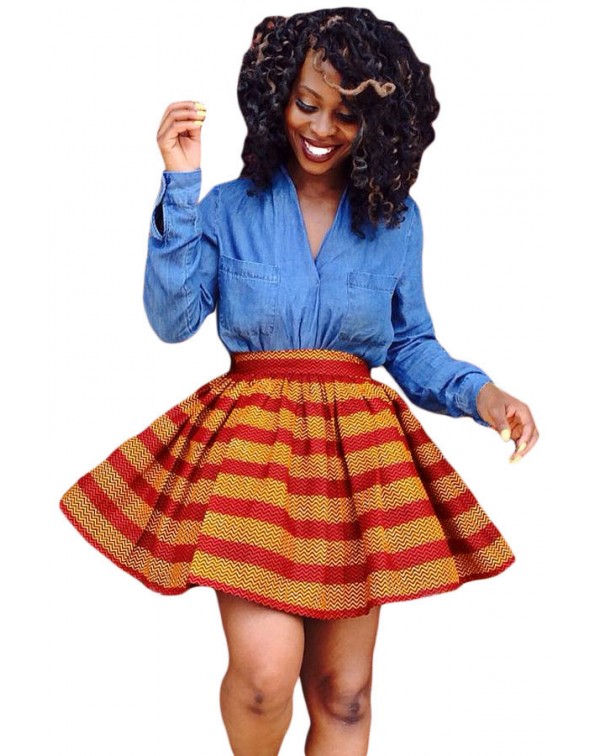 Red Orange Print Skater African Style Mini Skirt