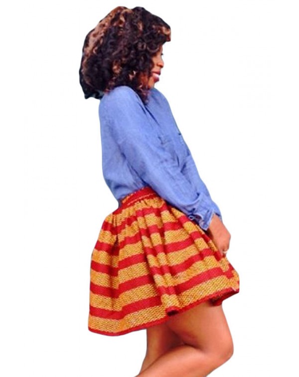 Red Orange Print Skater African Style Mini Skirt