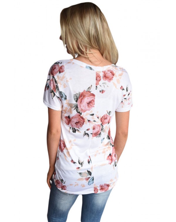 White Floral V Neck Short Sleeve T-shirt