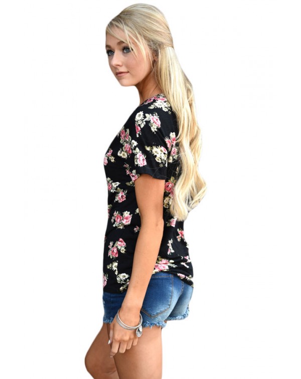 Black Floral V Neck Short Sleeve T-shirt