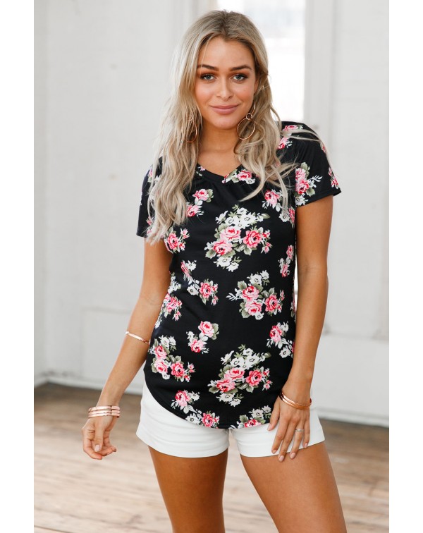 Black Floral V Neck Short Sleeve T-shirt