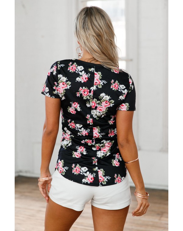 Black Floral V Neck Short Sleeve T-shirt