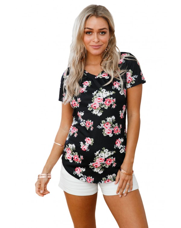 Black Floral V Neck Short Sleeve T-shirt