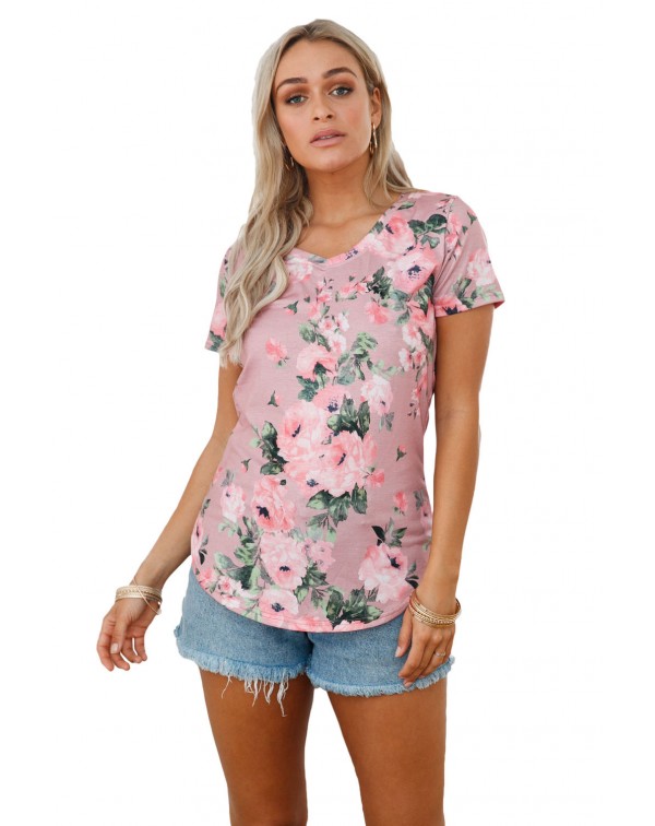 Dusty Pink Floral V Neck Short Sleeve T-shirt