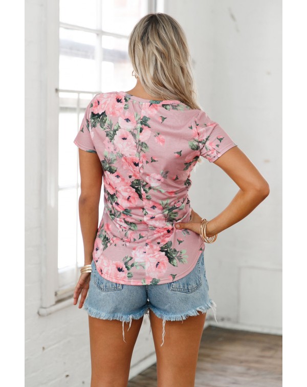 Dusty Pink Floral V Neck Short Sleeve T-shirt