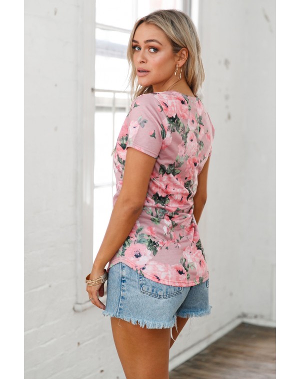 Dusty Pink Floral V Neck Short Sleeve T-shirt