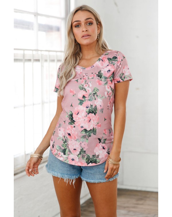 Dusty Pink Floral V Neck Short Sleeve T-shirt