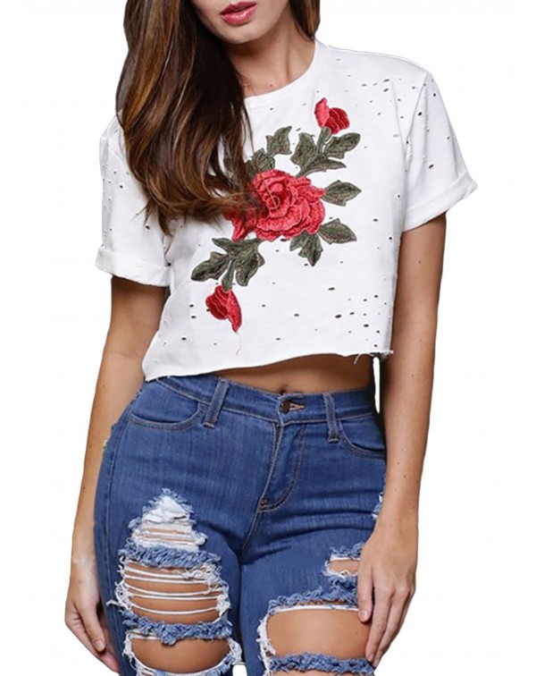 White Embroidered Flower Broken Hole Crop Top