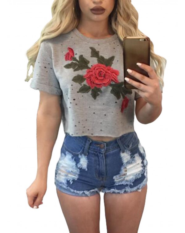 Grey Embroidered Flower Broken Hole Crop Top