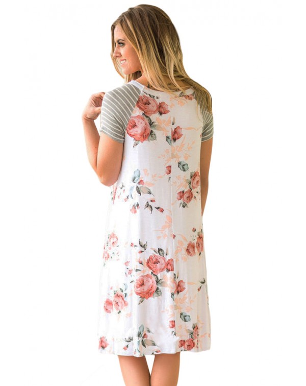 White Backdrop Floral Print A-line Loose T-shirt Dress