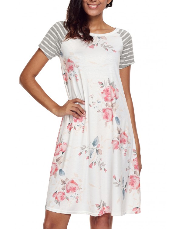 White Backdrop Floral Print A-line Loose T-shirt Dress