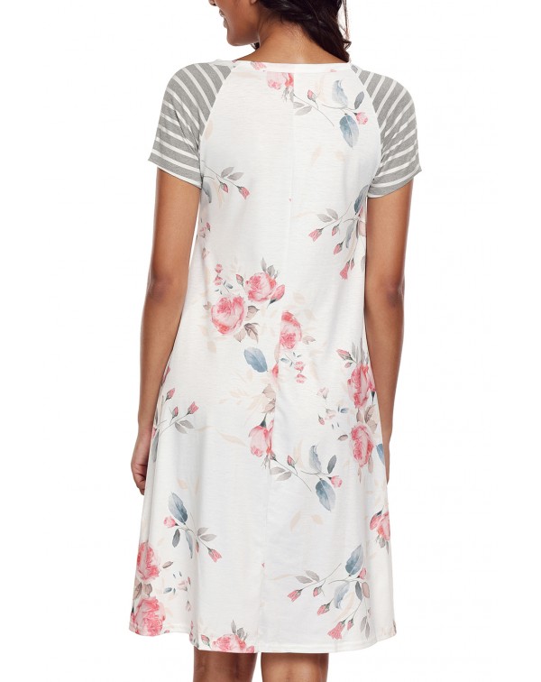 White Backdrop Floral Print A-line Loose T-shirt Dress