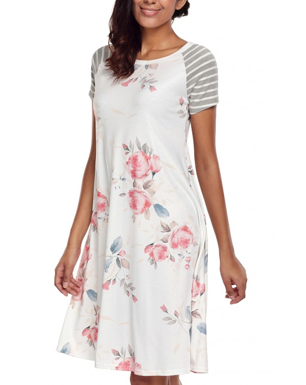 White Backdrop Floral Print A-line Loose T-shirt Dress