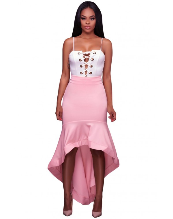 Pink Ruffle Hemline Splice High Low Skirt