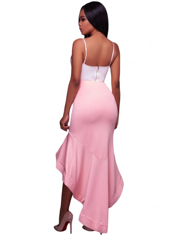 Pink Ruffle Hemline Splice High Low Skirt