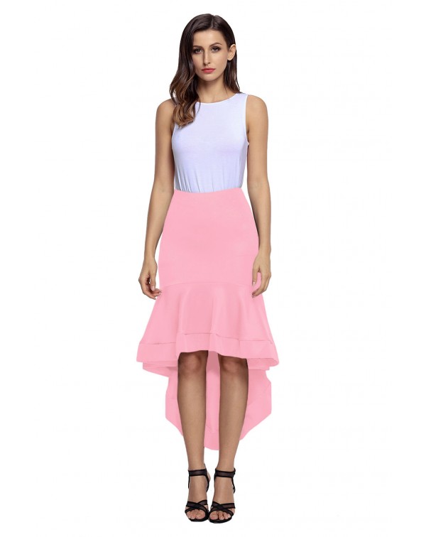 Pink Ruffle Hemline Splice High Low Skirt