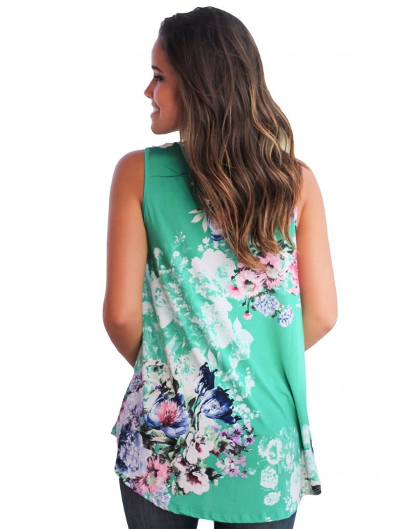 Green Floral Print High Neck Tank Top