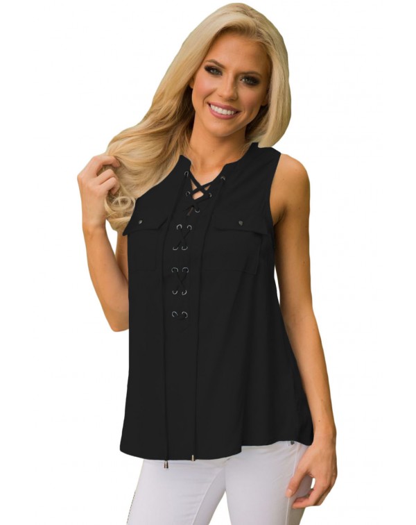 Black Sleeveless Tank Top with Lace up