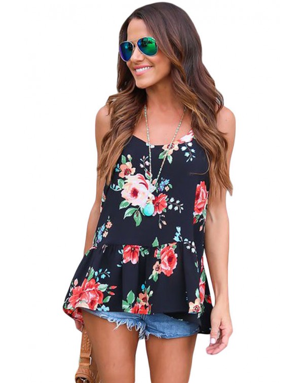 Flounced Navy Floral Racerback Tank