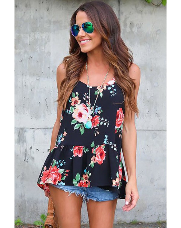 Flounced Navy Floral Racerback Tank