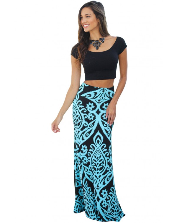 Blue Tendril Printed Maxi Skirt