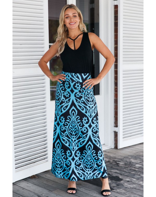 Blue Tendril Printed Maxi Skirt