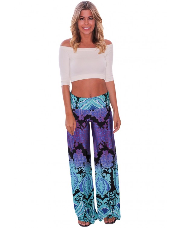 Aqua and Purple Printed Palazzo Pants