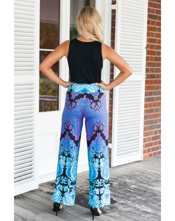 Aqua and Purple Printed Palazzo Pants