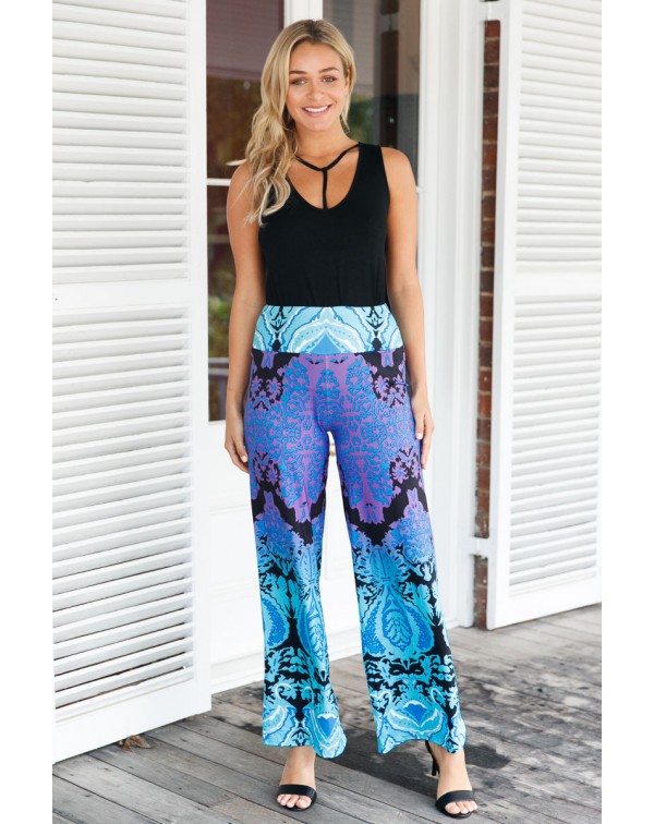 Aqua and Purple Printed Palazzo Pants