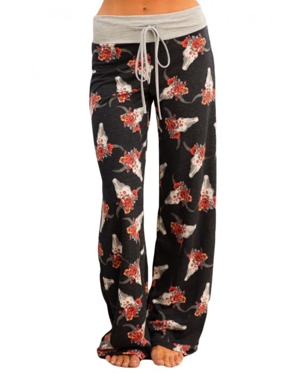 Charcoal Floral Terry Wide Leg Pants