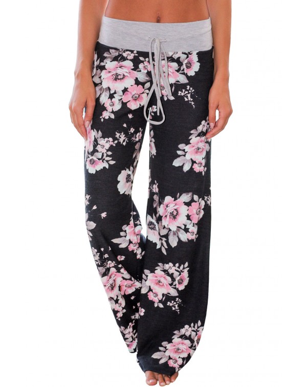 Black Floral Terry Wide Leg Pants