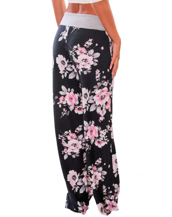 Black Floral Terry Wide Leg Pants