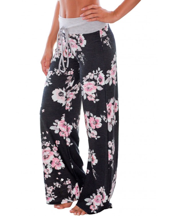 Black Floral Terry Wide Leg Pants