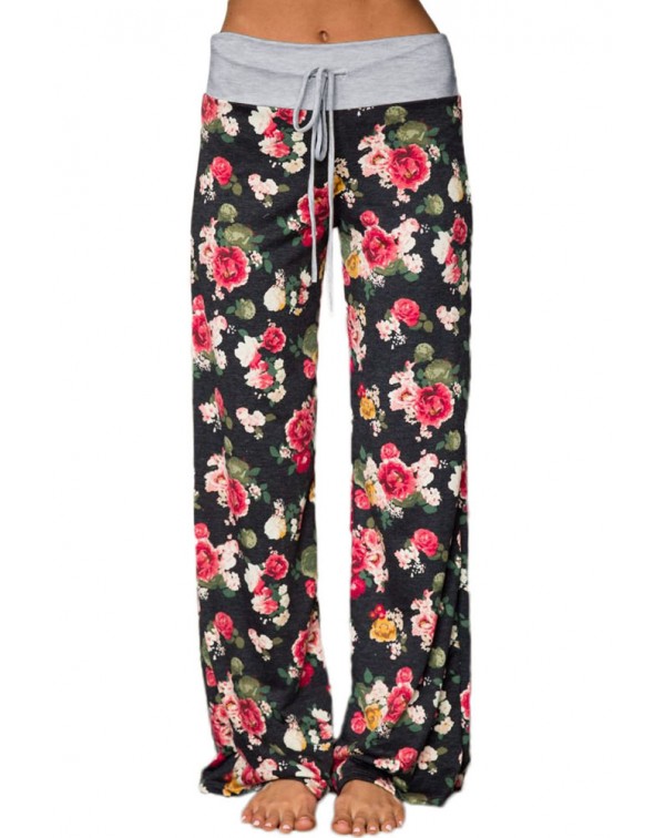 Dark Floral Terry Wide Leg Pants