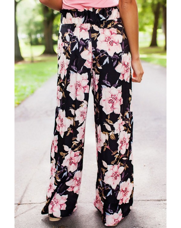 Black Pink Floral Satin Wide Leg Pants